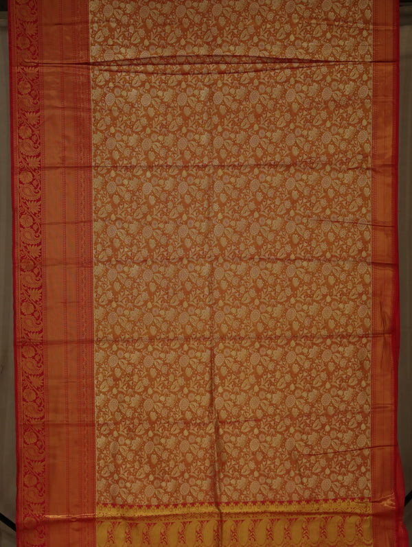 Burnt Orange Kanchipuram Inspired Semi Silk Saree with Wide Wide Contrast Border
