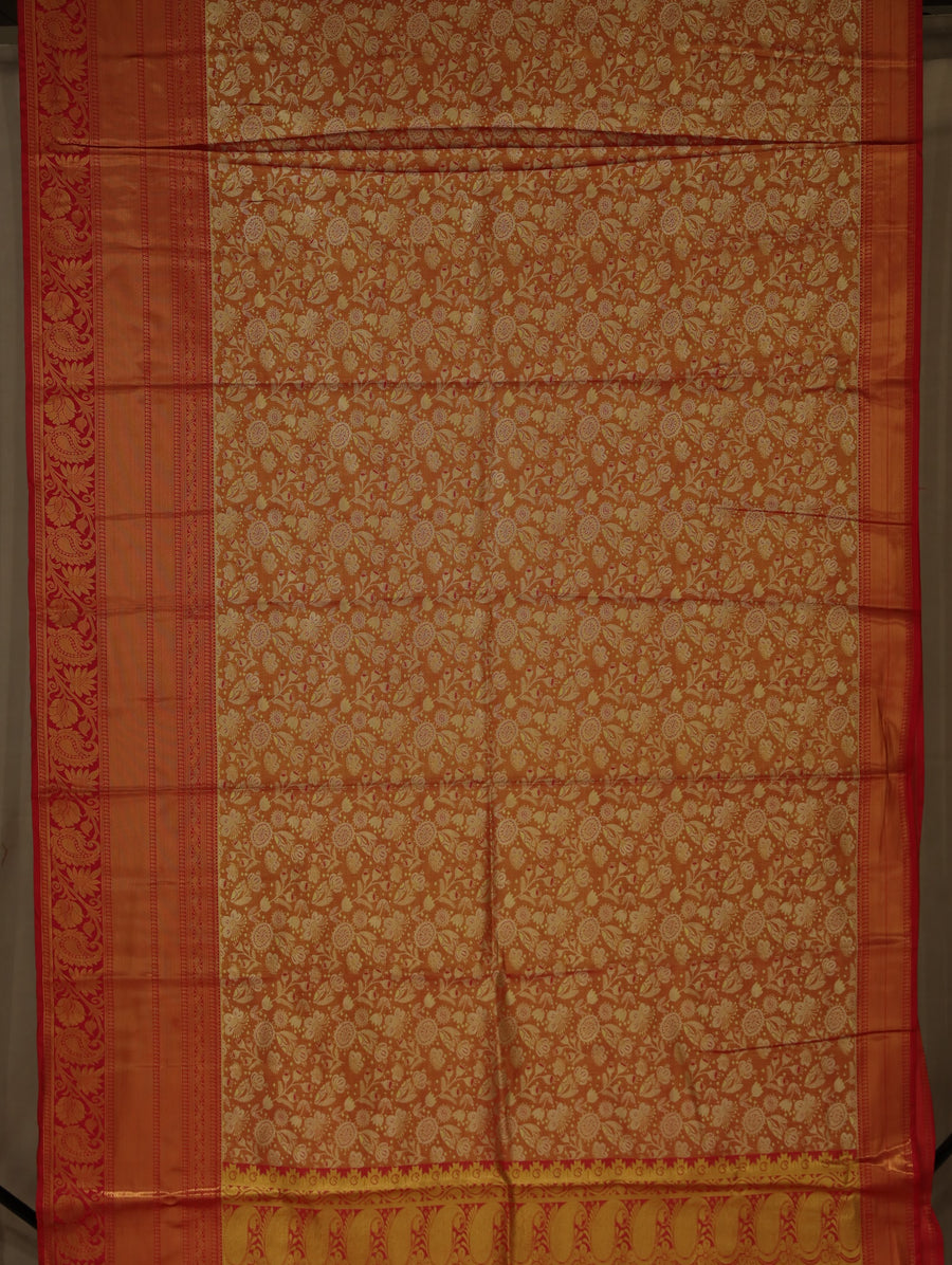 Burnt Orange Kanchipuram Inspired Semi Silk Saree with Wide Wide Contrast Border