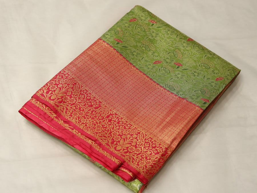 Olive Green Kanchipuram Inspired Semi Silk Saree with Wide Wide Contrast Border
