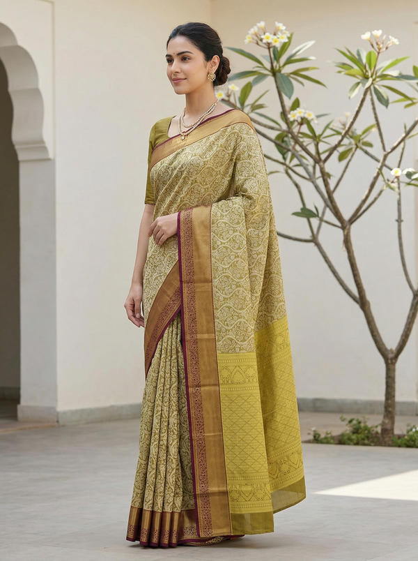 Olive Green Kanchipuram Inspired Semi Silk Saree with Medium Medium Contrast Border