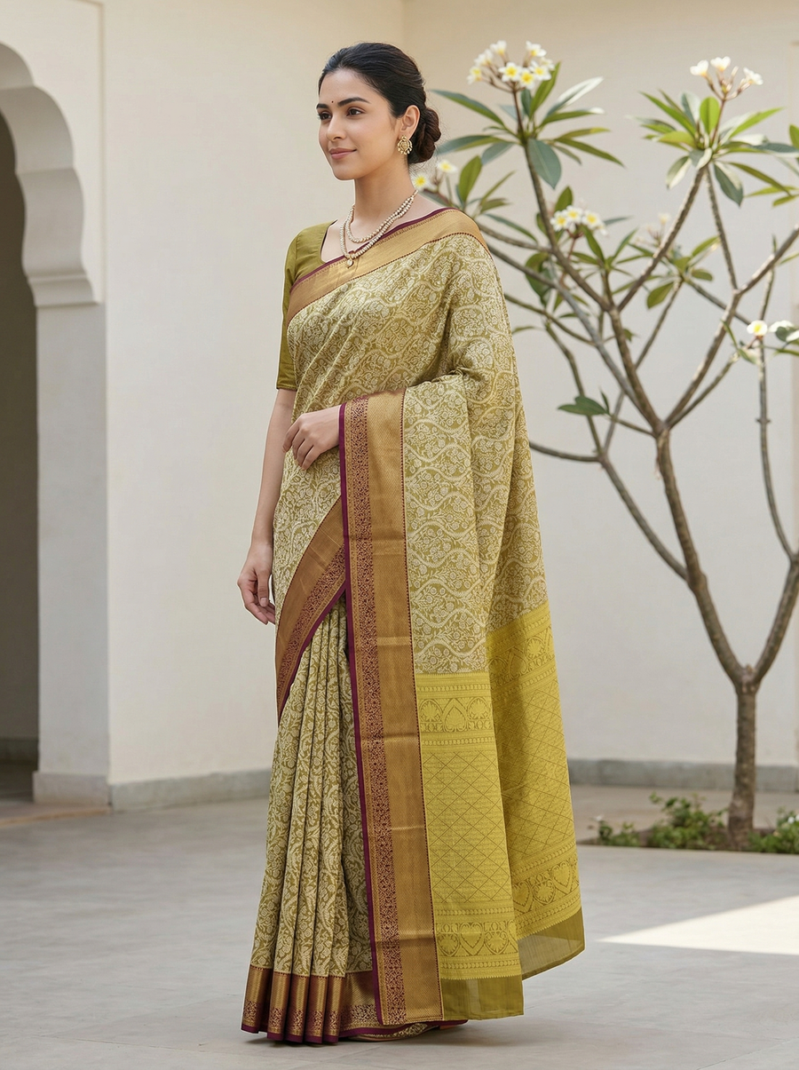 Olive Green Kanchipuram Inspired Semi Silk Saree with Medium Medium Contrast Border
