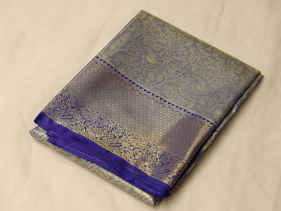 Silvery Grey Kanchipuram Inspired Semi Silk Saree with Wide Wide Contrast Border