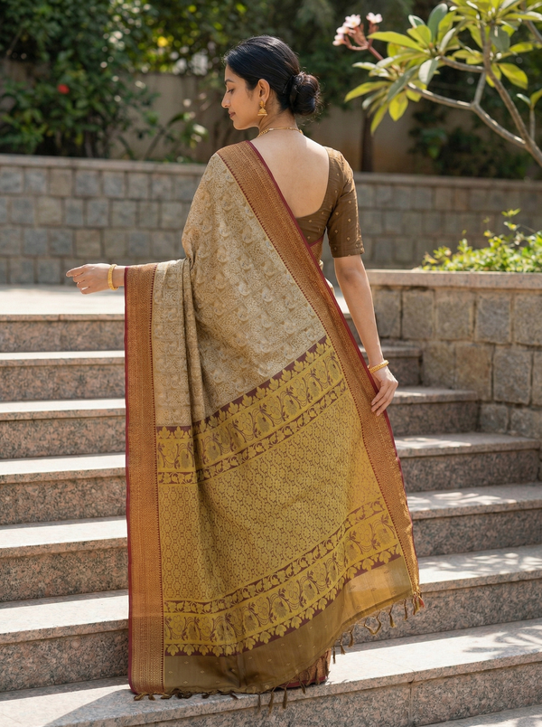Champagne Gold Kanchipuram Inspired Semi Silk Saree with Wide Wide Contrast Border