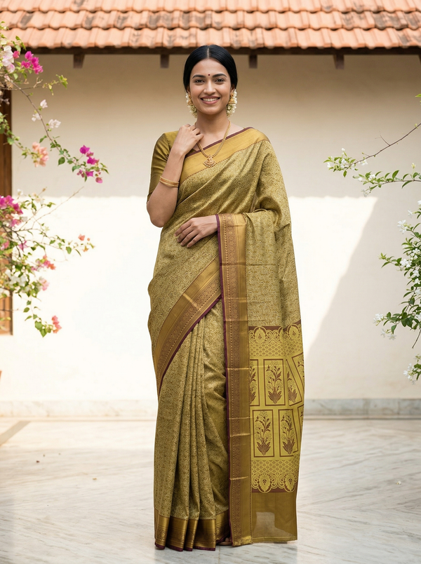 Olive Green Kanchipuram Inspired Semi Silk Saree with Medium Medium Contrast Border