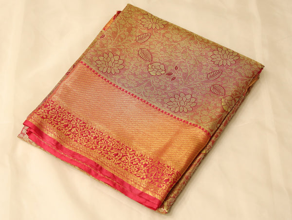 Burnt Orange Kanchipuram Inspired Semi Silk Saree with Wide Wide Contrast Border