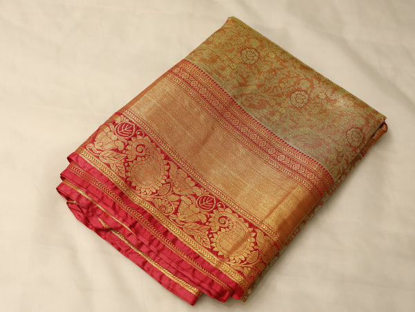 Champagne Gold Kanchipuram Inspired Semi Silk Saree with Wide Wide Contrast Border