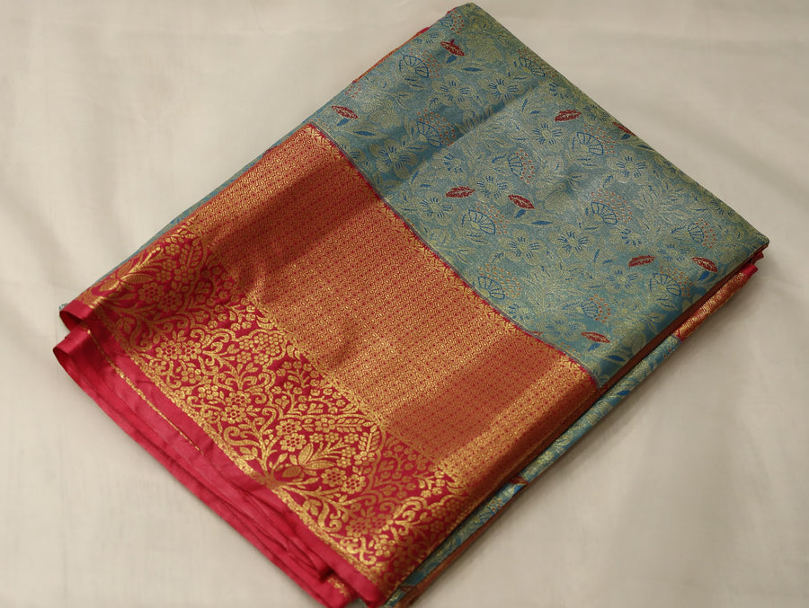 Sage Green Uppada Inspired Semi Silk Saree with Medium Medium Contrast Border