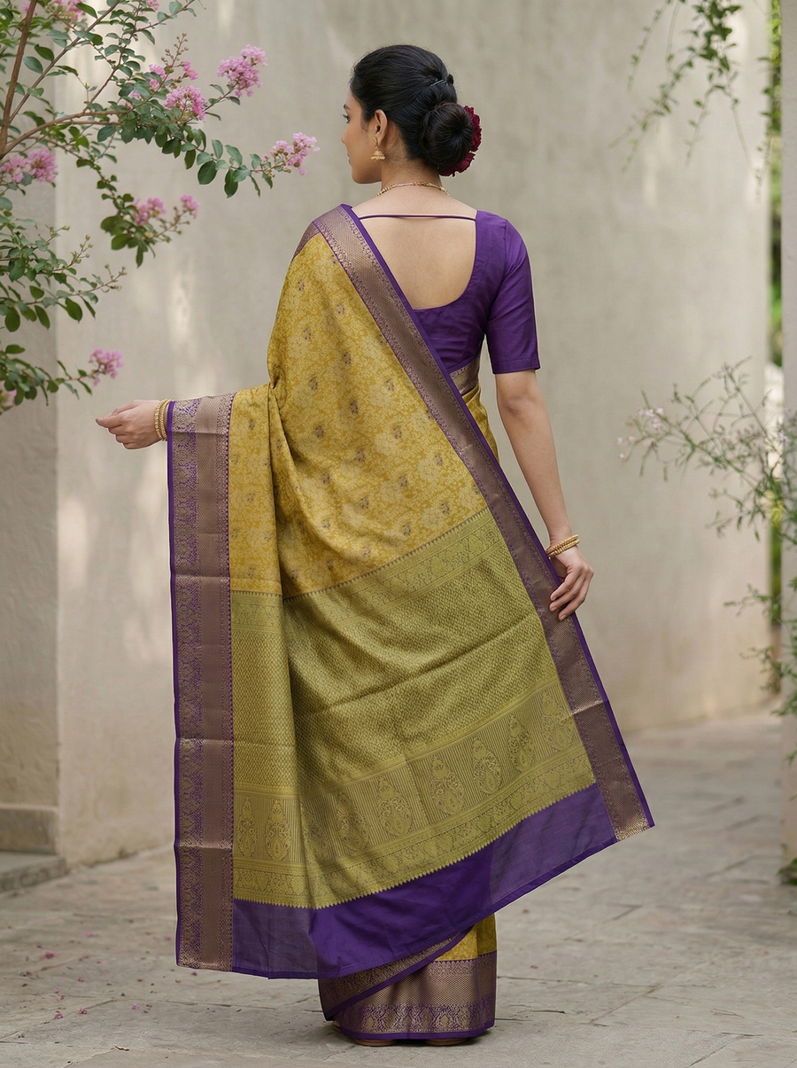 Champagne Gold Kanchipuram Inspired Semi Silk Saree with Wide Wide Contrast Border