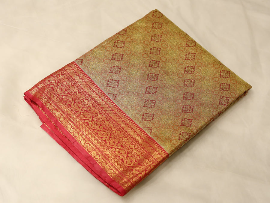 Champagne Gold Kanchipuram Inspired Semi Silk Saree with Wide Wide Contrast Border
