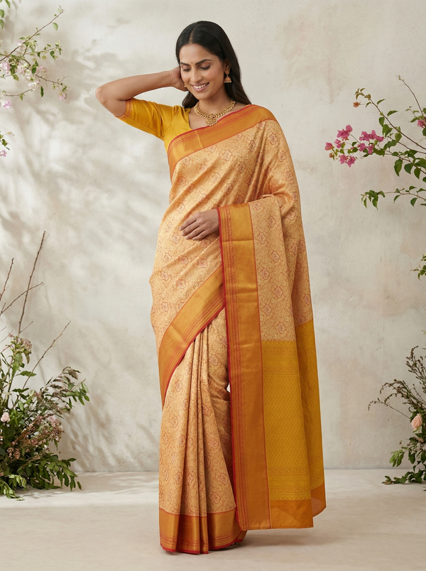 Sunset Gold Kanchipuram Inspired Semi Silk Saree with Narrow Narrow Contrast Border
