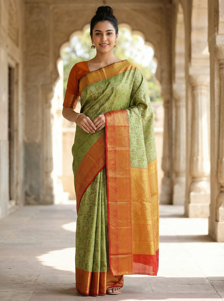 Sage Green Kanchipuram Inspired Semi Silk Saree with Wide Wide Contrast Border