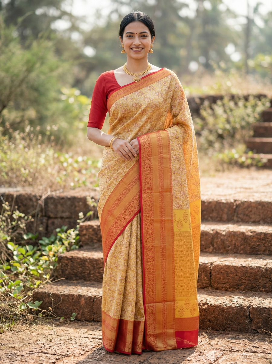 Saffron Gold Dharmavaram Inspired Semi Silk Saree with Wide Wide Contrast Border