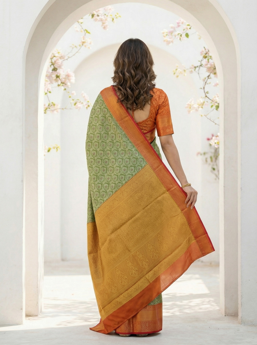Sage Green Kanchipuram Inspired Semi Silk Saree with Wide Wide Contrast Border