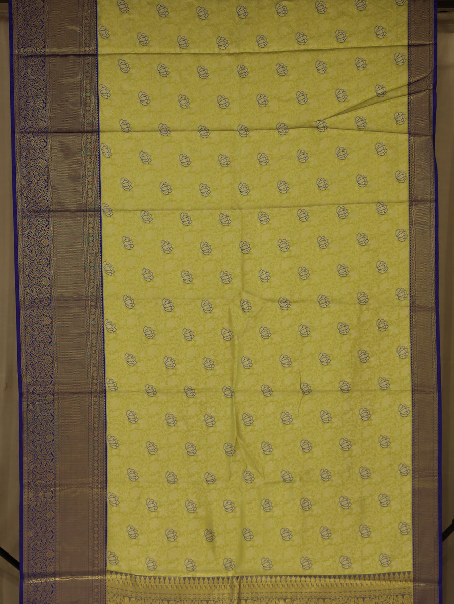 Golden Chartreuse Kanchipuram Inspired Semi Silk Saree with Wide Wide Contrast Border