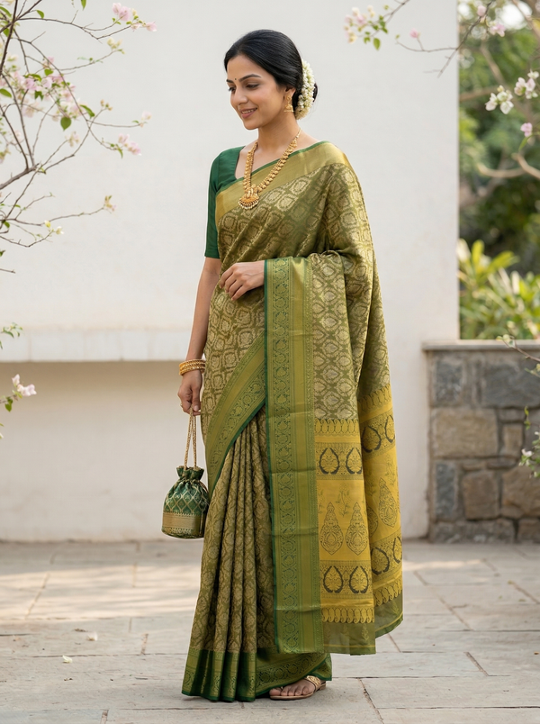 Olive Green Dharmavaram Inspired Semi Silk Saree with Wide Wide Self Border