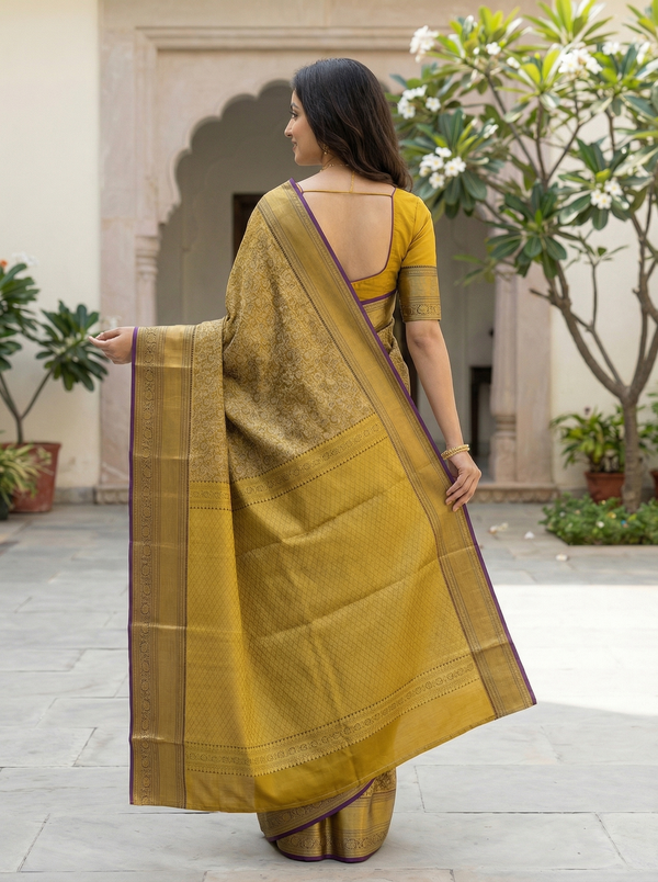 Champagne Gold Kanchipuram Inspired Semi Silk Saree with Wide Wide Contrast Border