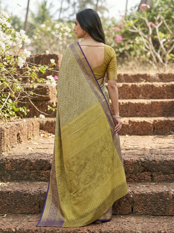 Champagne Gold Kanchipuram Inspired Semi Silk Saree with Wide Wide Contrast Border
