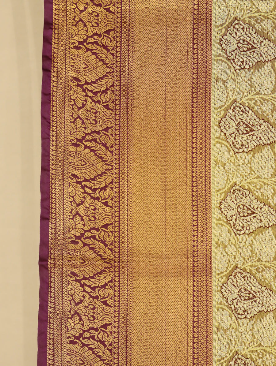 Champagne Gold Kanchipuram Inspired Semi Silk Saree with Wide Wide Contrast Border