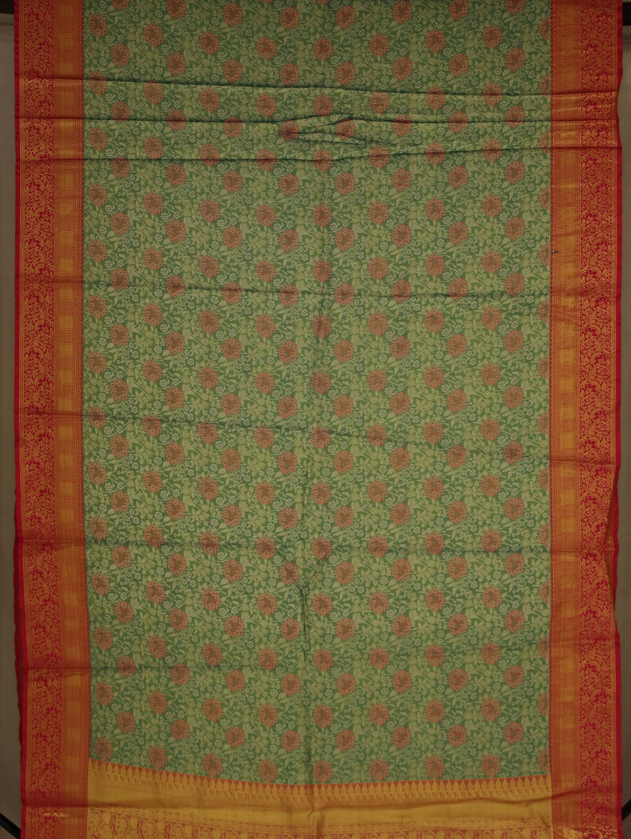 Mint Green Kanchipuram Inspired Semi Silk Saree with Wide Wide Contrast Border