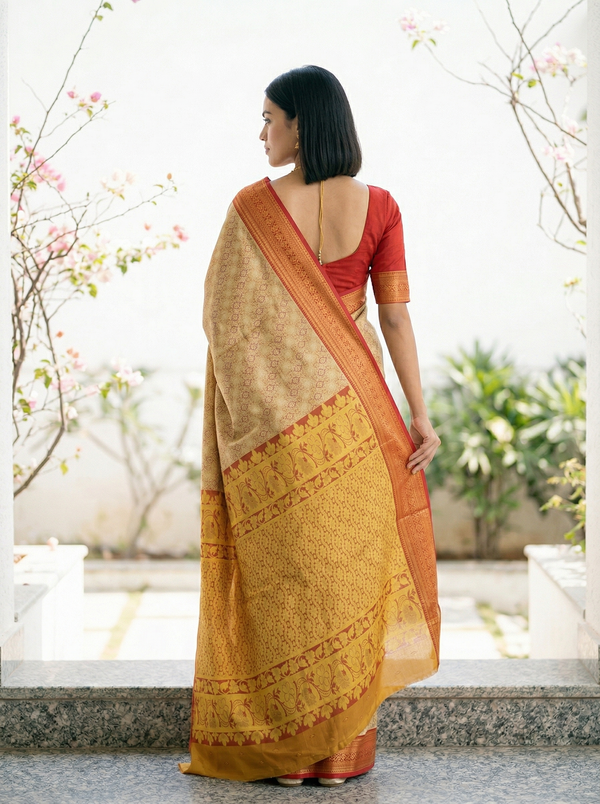 Champagne Gold Kanchipuram Inspired Semi Silk Saree with Wide Wide Contrast Border