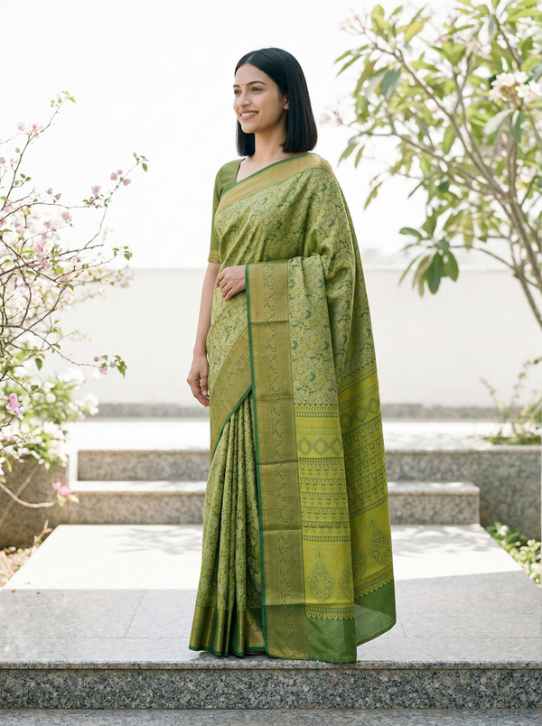 Moss Green Mysore Inspired Semi Silk Saree with Wide Wide Contrast Border