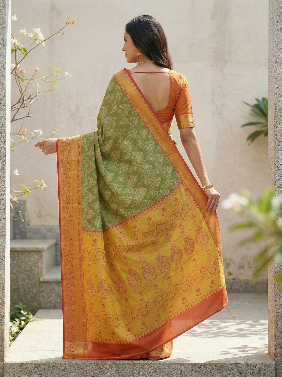 Leaf Green Kanchipuram Inspired Semi Silk Saree with Wide Wide Contrast Border