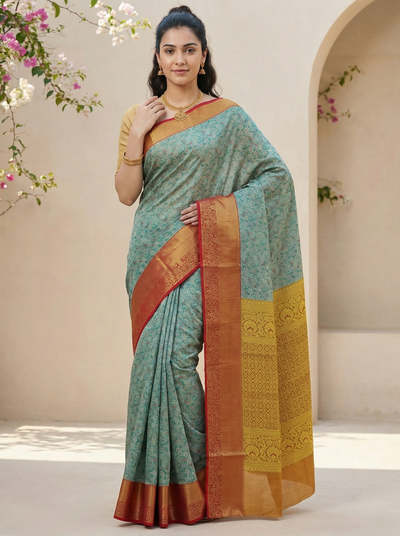 Sage Green Uppada Inspired Semi Silk Saree with Medium Medium Contrast Border