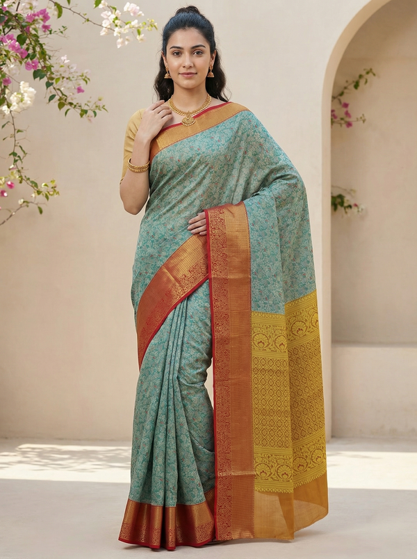 Sage Green Uppada Inspired Semi Silk Saree with Medium Medium Contrast Border