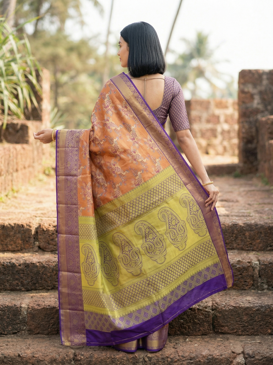 Burnt Orange Kanchipuram Inspired Semi Silk Saree with Wide Wide Contrast Border