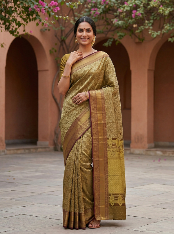 Champagne Gold Kanchipuram Inspired Semi Silk Saree with Narrow Narrow Contrast Border
