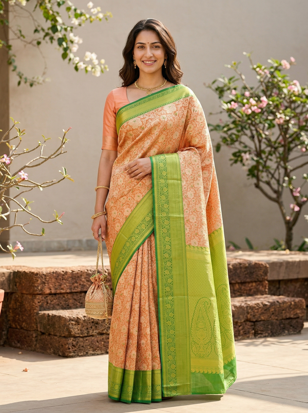 Dusty Peach Kanchipuram Inspired Semi Silk Saree with Wide Wide Contrast Border
