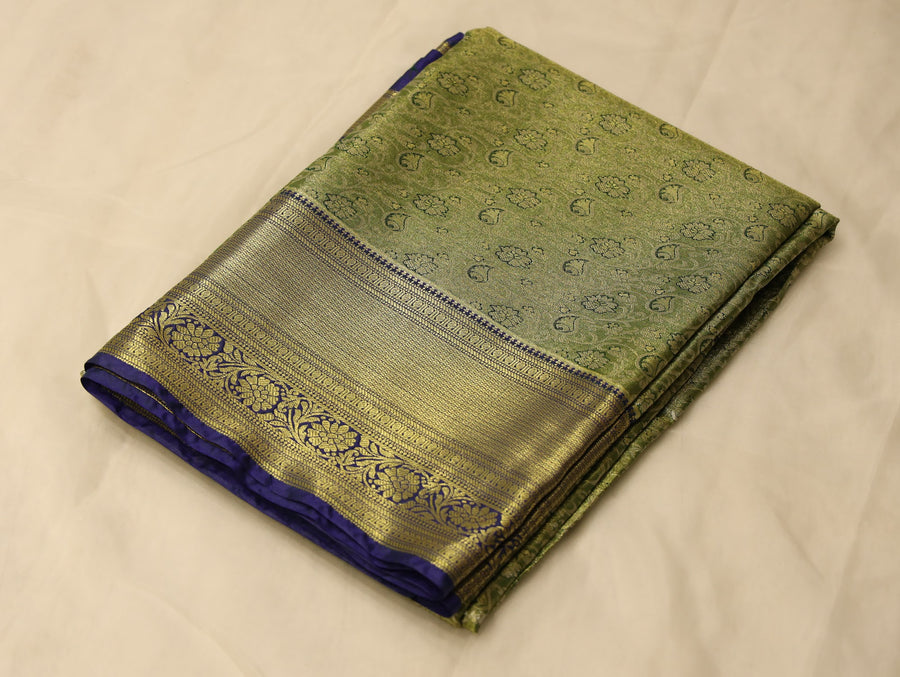 Olive Green Kanchipuram Inspired Semi Silk Saree with Medium Medium Self Border