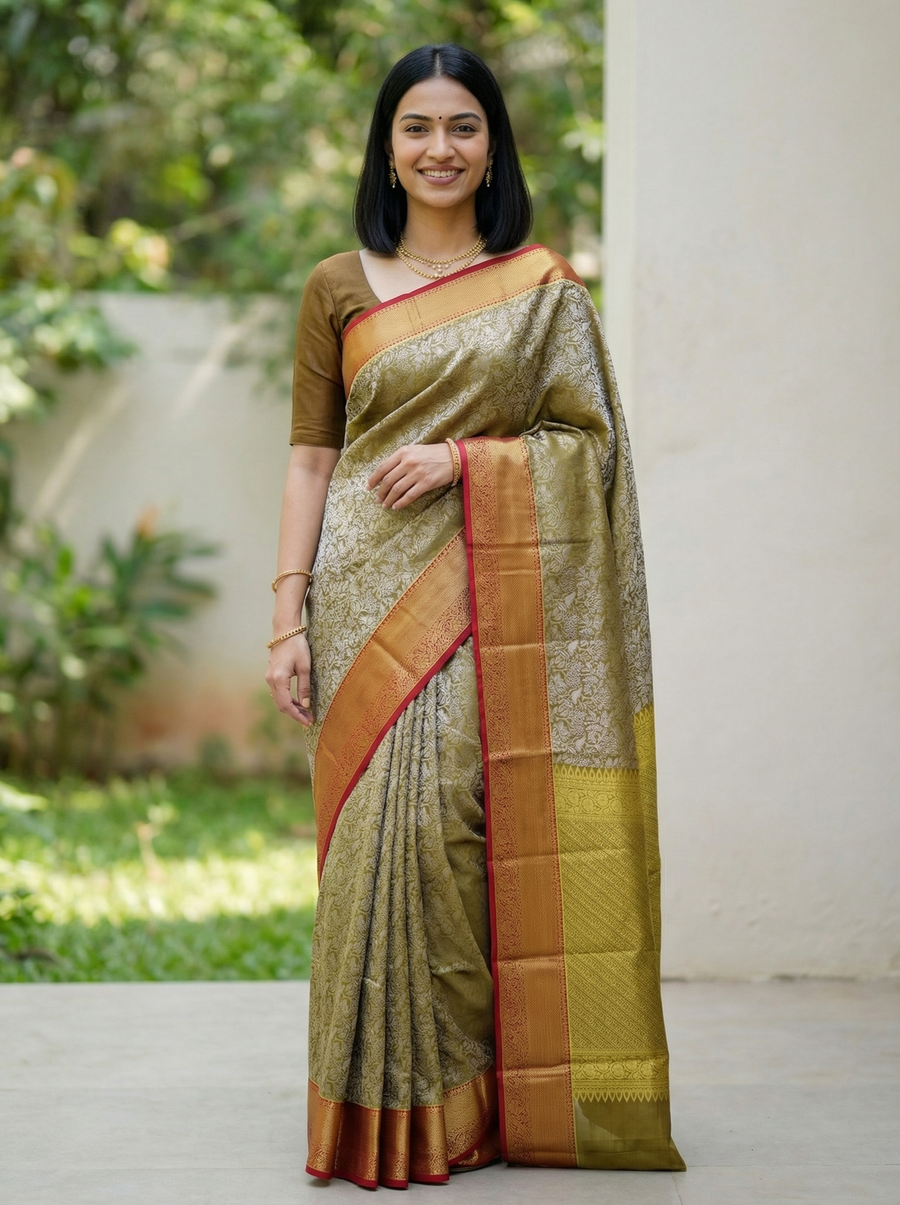 Antique Gold Kanchipuram Inspired Semi Silk Saree with Wide Wide Contrast Border