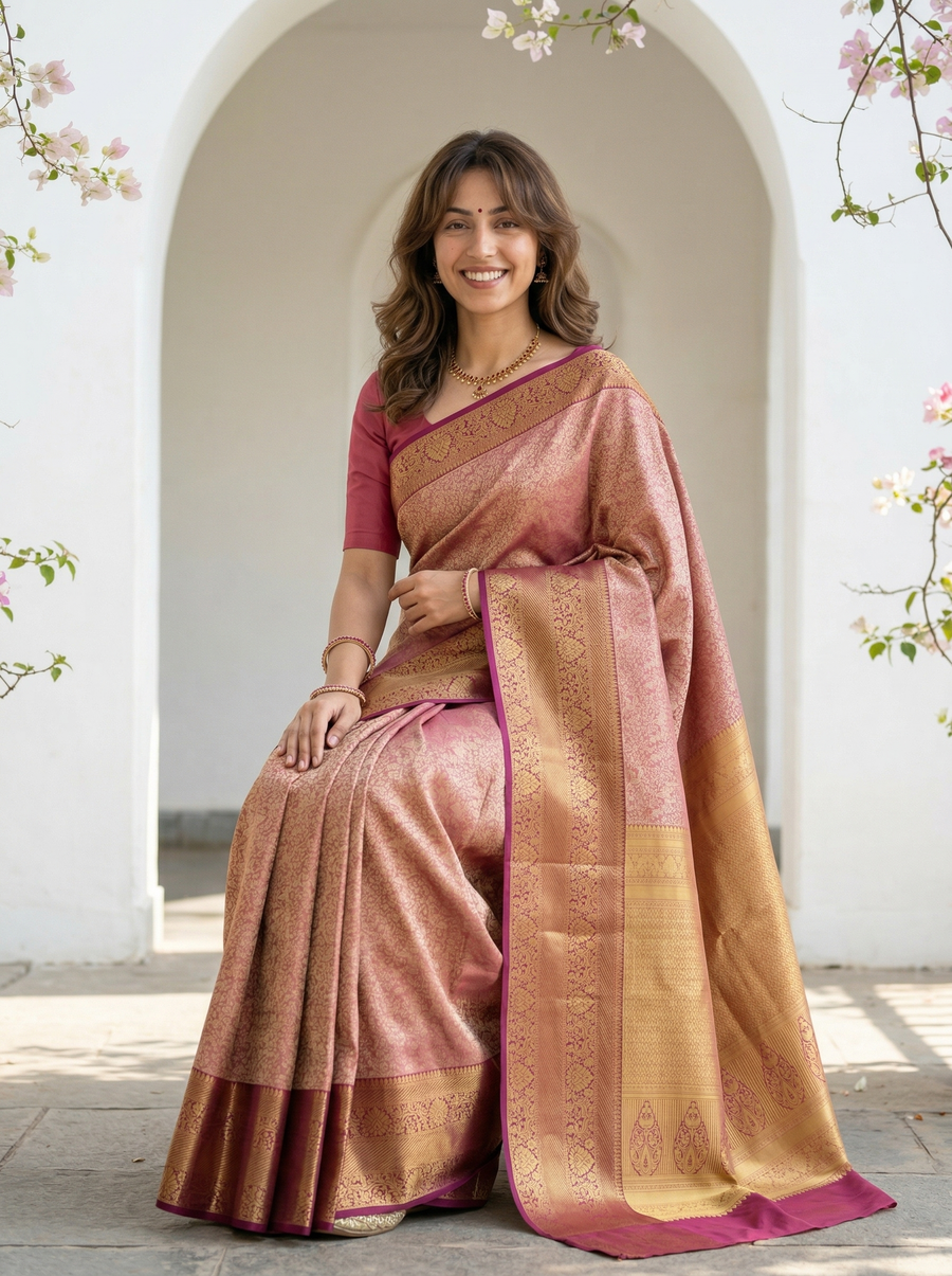 Dusty Rose Kanchipuram Inspired Semi Silk Saree with Wide Wide Contrast Border