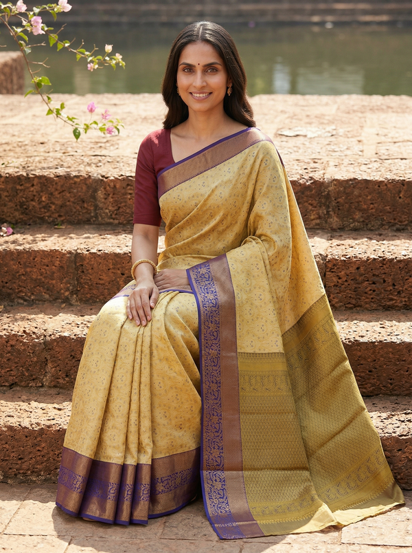 Champagne Gold Dharmavaram Inspired Semi Silk Saree with Wide Wide Contrast Border