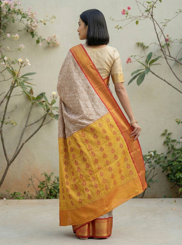 Champagne Gold Kanchipuram Inspired Semi Silk Saree with Wide Wide Contrast Border