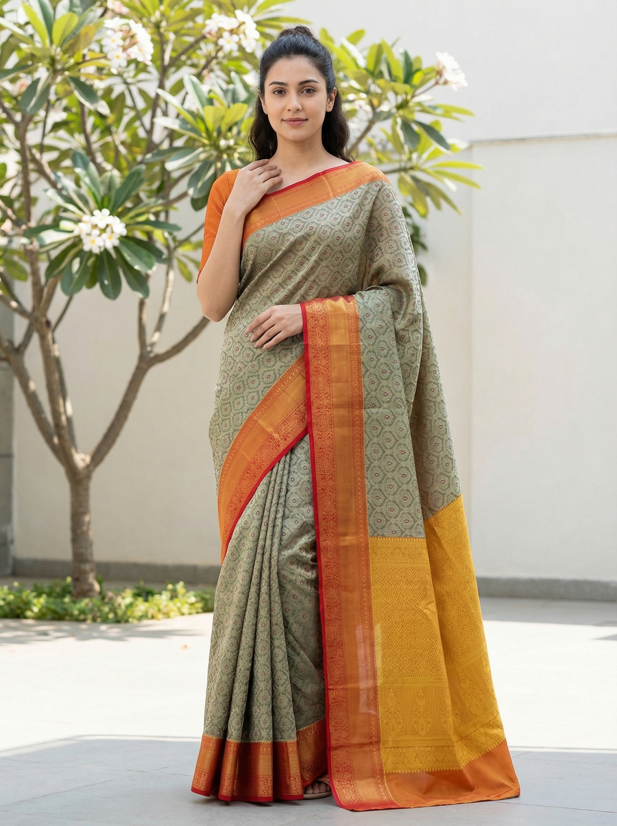 Mustard Yellow Kanchipuram Inspired Semi Silk Saree with Medium Medium Contrast Border