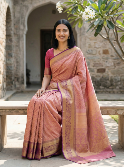 Dusty Rose Kanchipuram Inspired Semi Silk Saree with Medium Medium Contrast Border