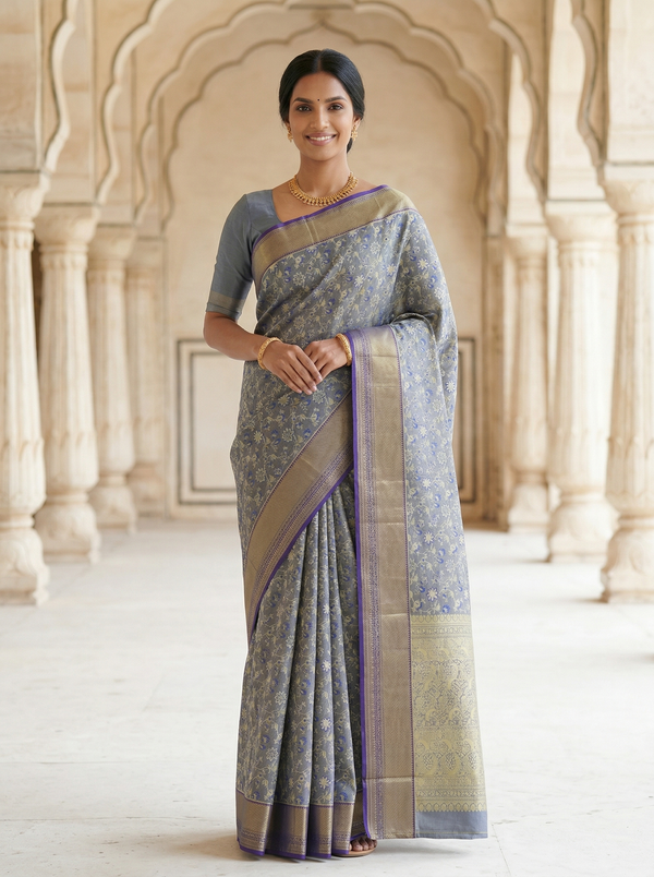 Slate Blue Kanchipuram Inspired Semi Silk Saree with Wide Wide Contrast Border