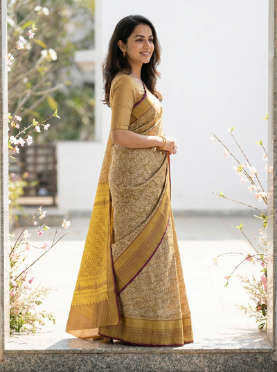 Mustard Yellow Dharmavaram Inspired Semi Silk Saree with Medium Medium Contrast Border