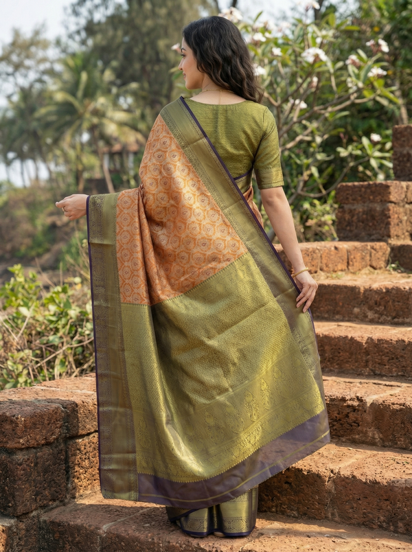 Antique Gold Dharmavaram Inspired Semi Silk Saree with Medium Medium Contrast Border