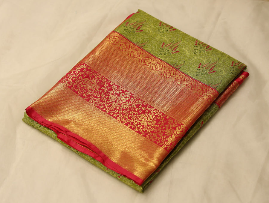 Lime Green Kanchipuram Inspired Semi Silk Saree with Wide Wide Contrast Border