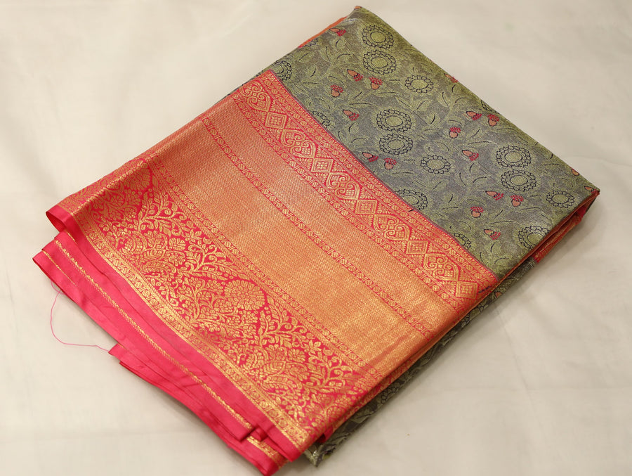 Sage Green Kanchipuram Inspired Semi Silk Saree with Wide Wide Contrast Border