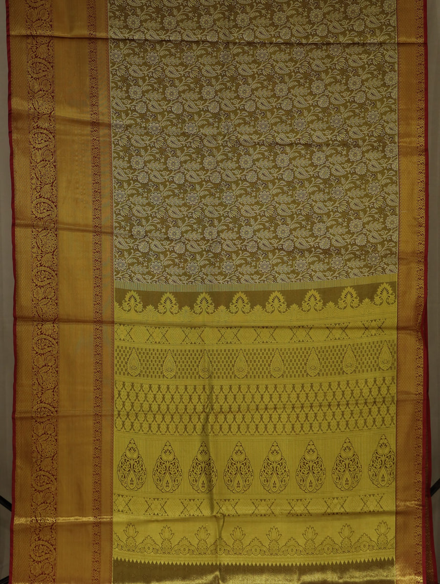 Olive Green Kanchipuram Inspired Semi Silk Saree with Medium Medium Contrast Border