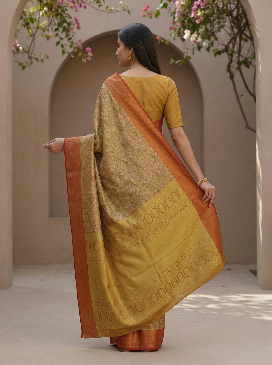 Saffron Gold Kanchipuram Inspired Semi Silk Saree with Wide Wide Contrast Border