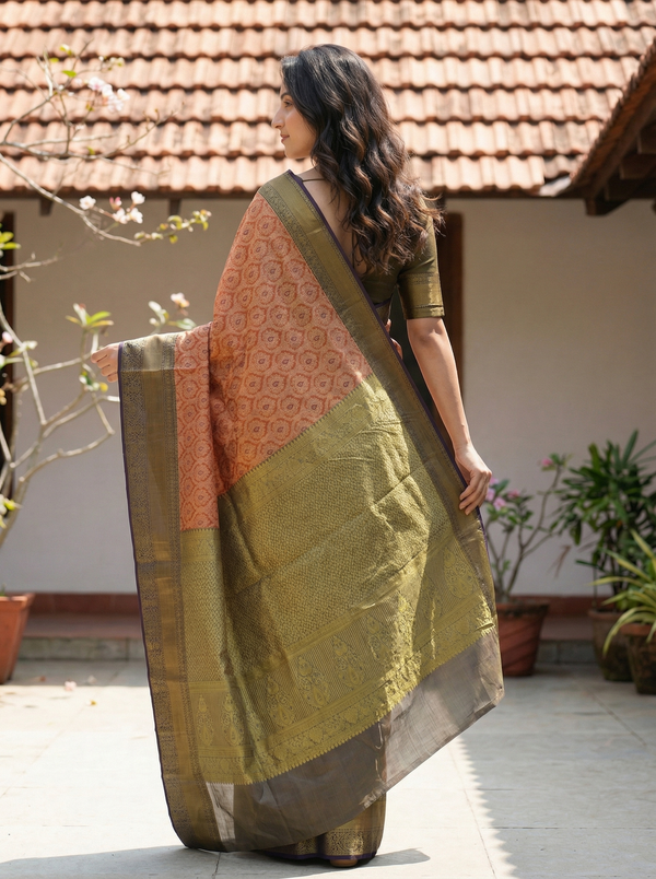 Olive Green Kanchipuram Inspired Semi Silk Saree with Wide Wide Contrast Border
