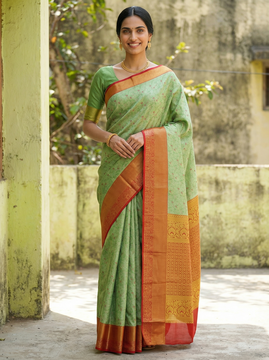Sage Green Dharmavaram Inspired Semi Silk Saree with Wide Wide Contrast Border