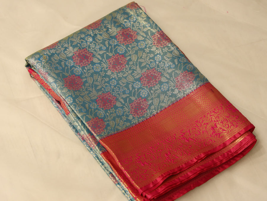 Powder Blue Dharmavaram Inspired Semi Silk Saree with Medium Medium Contrast Border