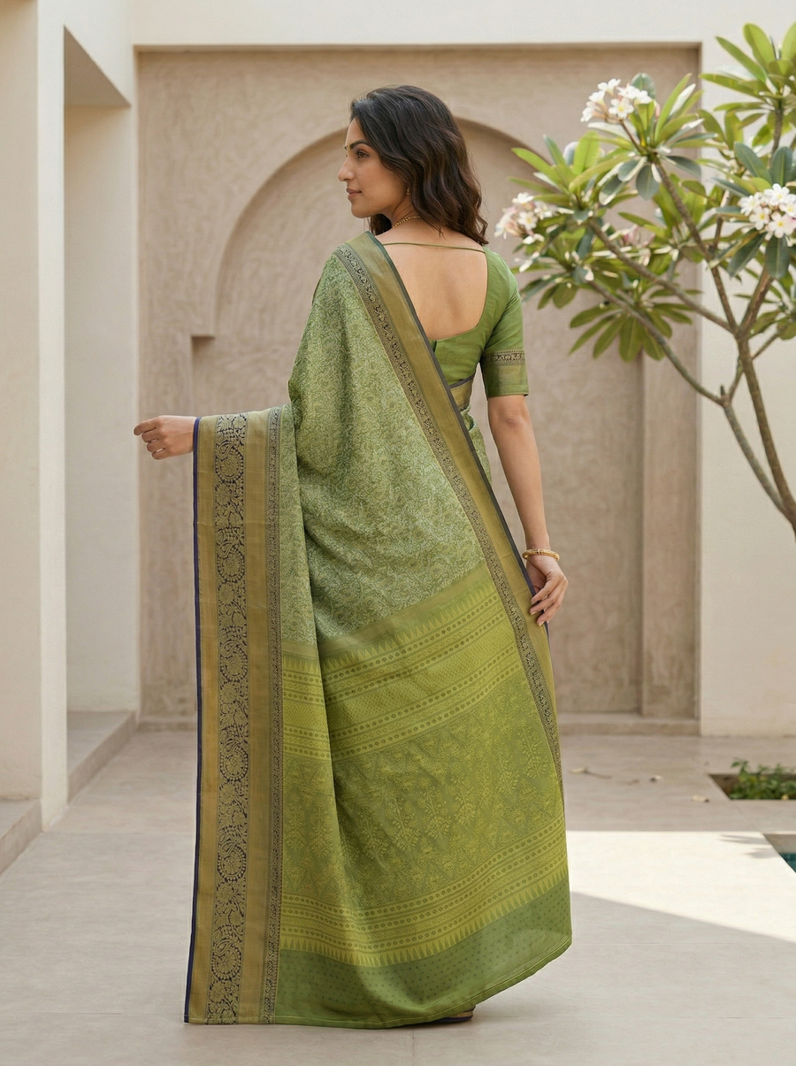 Olive Green Uppada Inspired Semi Silk Saree with Medium Medium Contrast Border