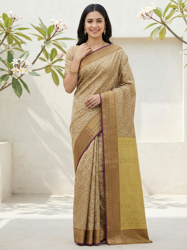 Champagne Gold Dharmavaram Inspired Semi Silk Saree with Medium Medium Contrast Border